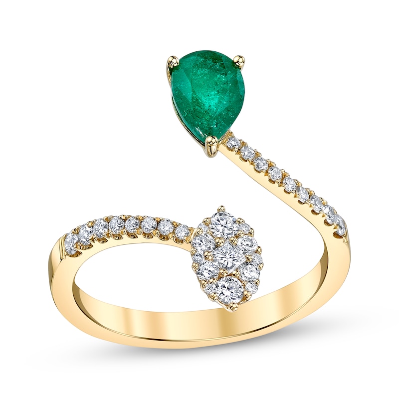 Main Image 1 of Pear-Shaped Natural Emerald & Diamond Deconstructed Ring 1/4 ct tw 10K Yellow Gold