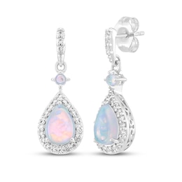 Pear-Shaped Lab-Created Opal & White Lab-Created Sapphire Drop Earrings Sterling Silver