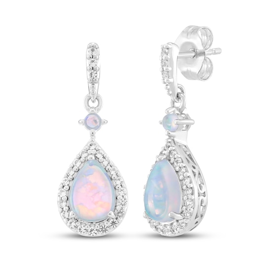 Pear-Shaped Lab-Created Opal & White Lab-Created Sapphire Drop Earrings Sterling Silver