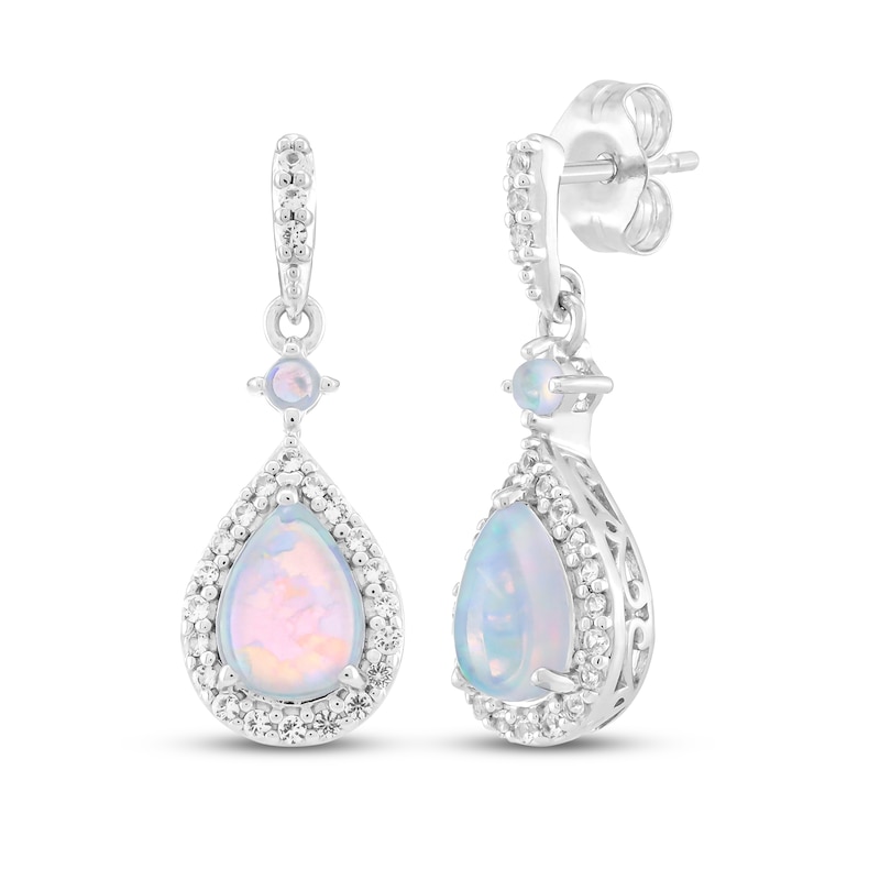 Main Image 1 of Pear-Shaped Lab-Created Opal & White Lab-Created Sapphire Drop Earrings Sterling Silver