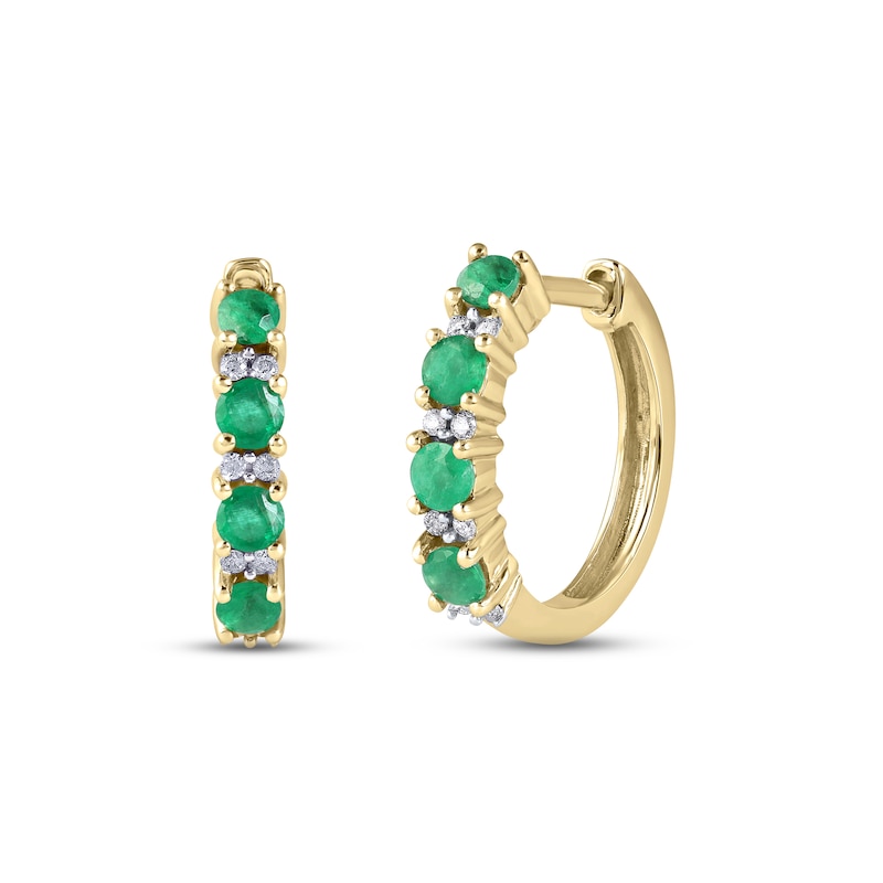 Main Image 1 of Emerald & Diamond Hoop Earrings 1/15 ct tw 10K Yellow Gold