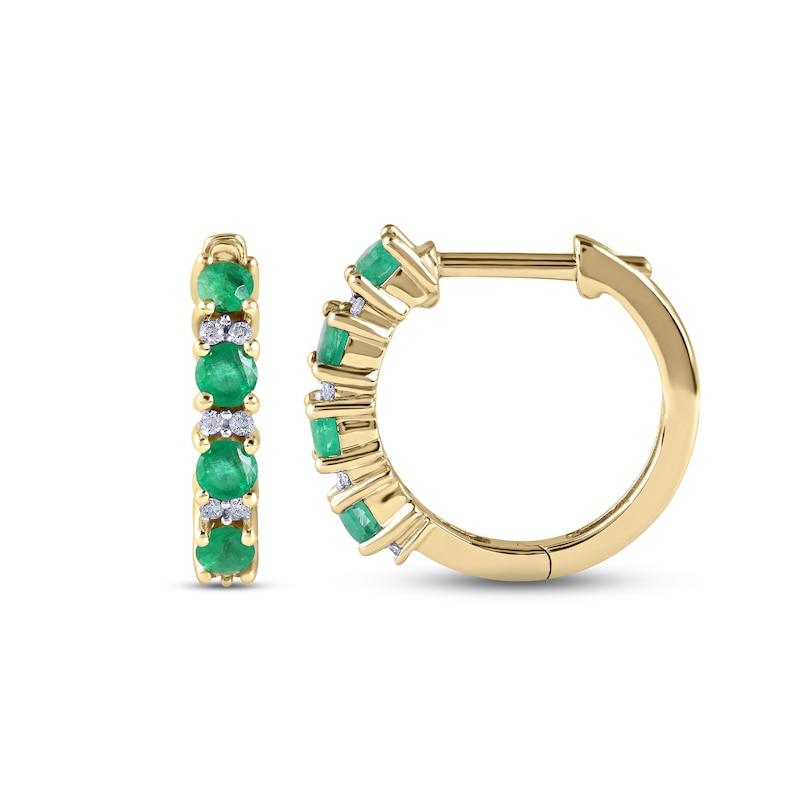 Main Image 3 of Emerald & Diamond Hoop Earrings 1/15 ct tw 10K Yellow Gold