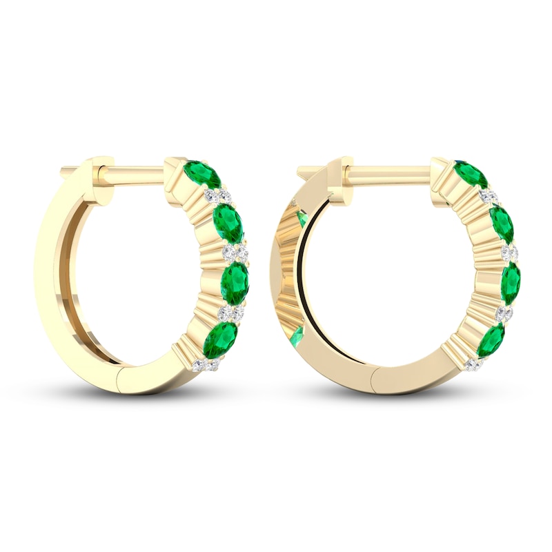 Main Image 4 of Emerald & Diamond Hoop Earrings 1/15 ct tw 10K Yellow Gold