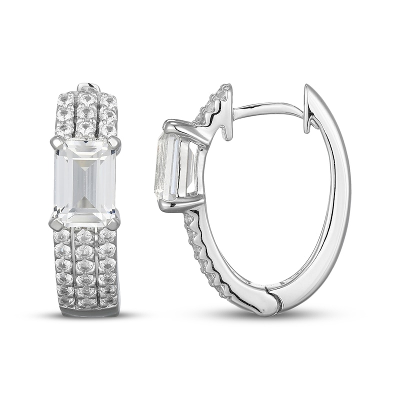 Main Image 3 of Emerald-Cut White Lab-Created Sapphire Huggie Hoop Earrings Sterling Silver