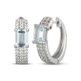 Emerald-Cut Aquamarine & White Lab-Created Sapphire Huggie Hoop Earrings Sterling Silver