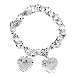 Double Heart Charm Birthstone Couple's Bracelet (2 Stones and Lines)