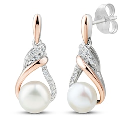Freshwater Cultured Pearl & White Lab-Created Sapphire Earrings 10K Rose Gold/Sterling Silver