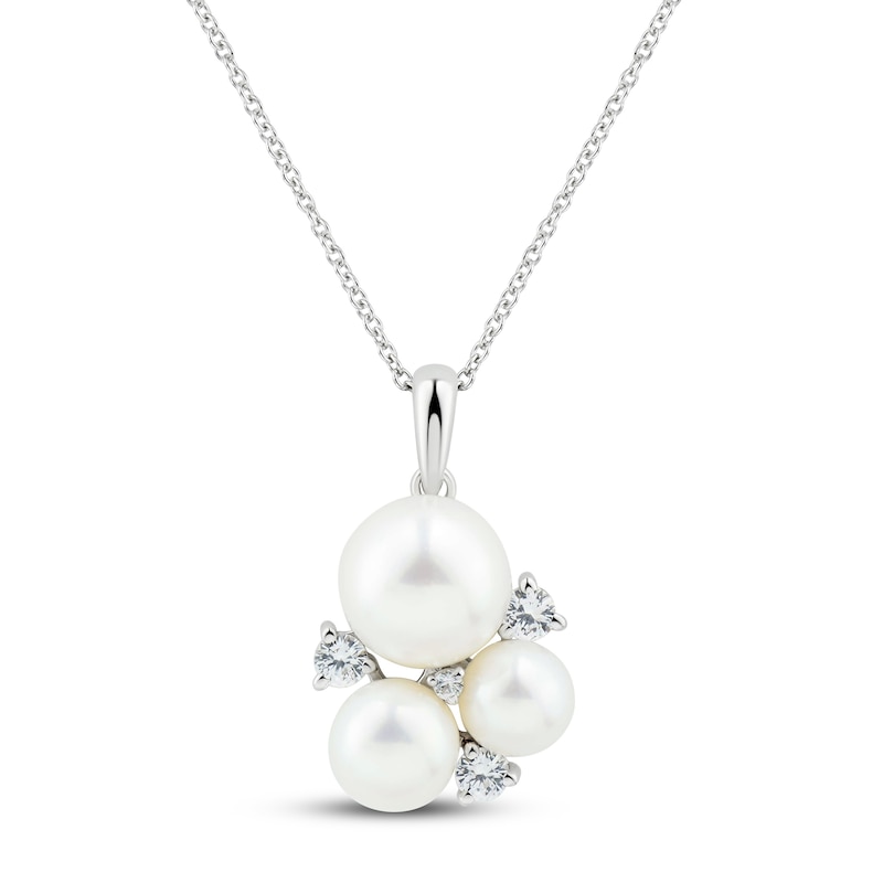 Main Image 1 of Freshwater Cultured Pearl & White Lab-Created Sapphire Necklace Sterling Silver 18&quot;