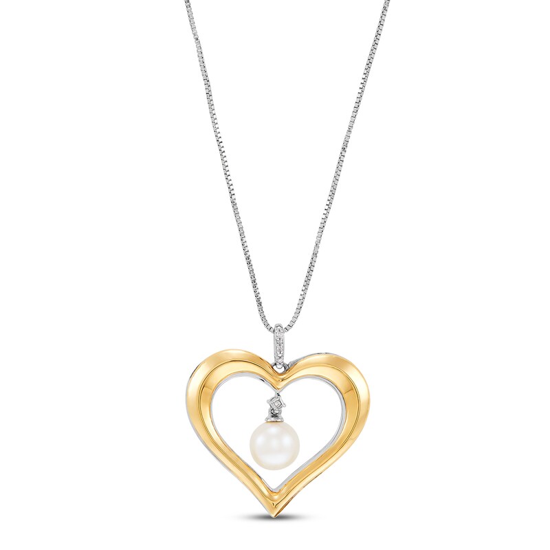 Main Image 1 of Cultured Pearl & Diamond Heart Necklace Sterling Silver/10K Yellow Gold 18&quot;