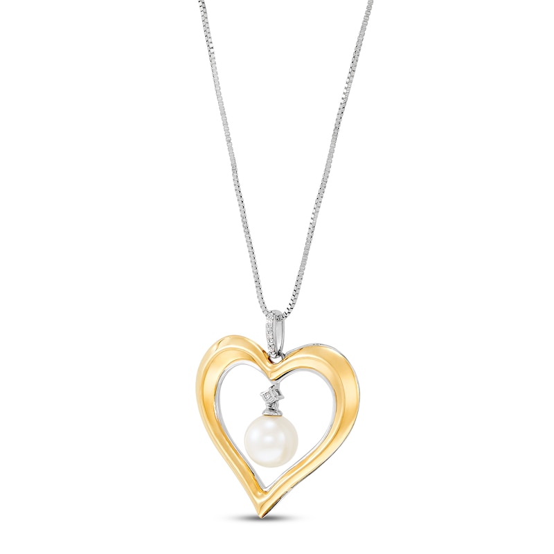 Main Image 2 of Cultured Pearl & Diamond Heart Necklace Sterling Silver/10K Yellow Gold 18&quot;