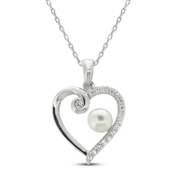 Cultured Pearl & White Lab-Created Sapphire Heart Necklace Sterling Silver 18&quot;