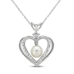 Cultured Pearl & White Lab-Created Sapphire Heart Necklace Sterling Silver 18&quot;