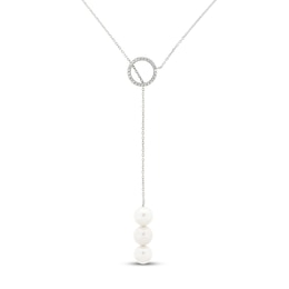 Cultured Pearl & White Lab-Created Sapphire Y Necklace Sterling Silver