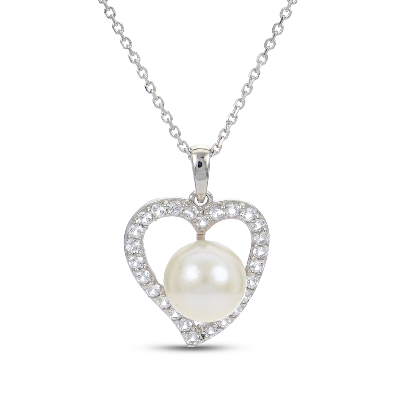 Main Image 1 of Cultured Pearl & White Lab-Created Sapphire Heart Necklace Sterling Silver 18&quot;