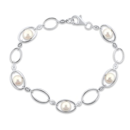 Cultured Pearl & White Lab-Created Sapphire Bracelet Sterling Silver 7.5&quot;