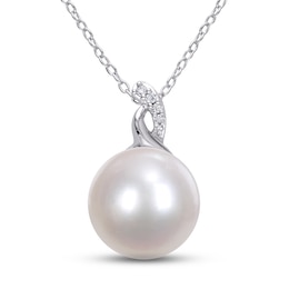 Cultured Pearl & Diamond Necklace Sterling Silver 18&quot;