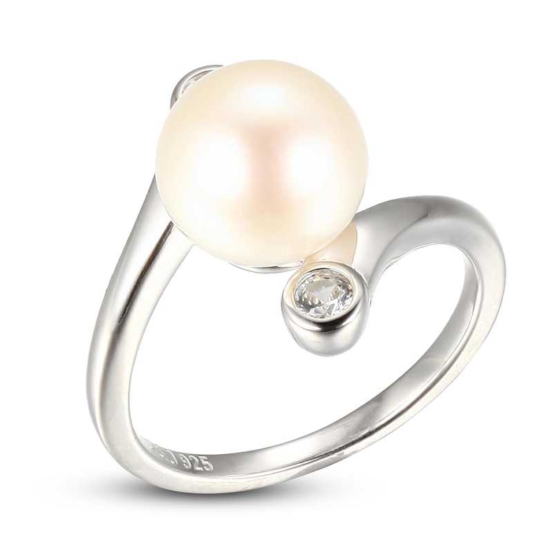 Main Image 2 of Cultured Pearl & White Lab-Created Sapphire Ring Sterling Silver