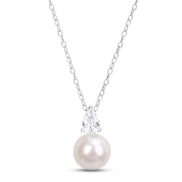 Cultured Pearl & White Lab-Created Sapphire Necklace Sterling Silver 18&quot;