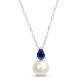 Cultured Pearl & Blue Lab-Created Sapphire Necklace Sterling Silver 18&quot;