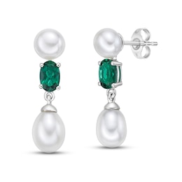 Cultured Pearl & Lab-Created Emerald Dangle Earrings Sterling Silver