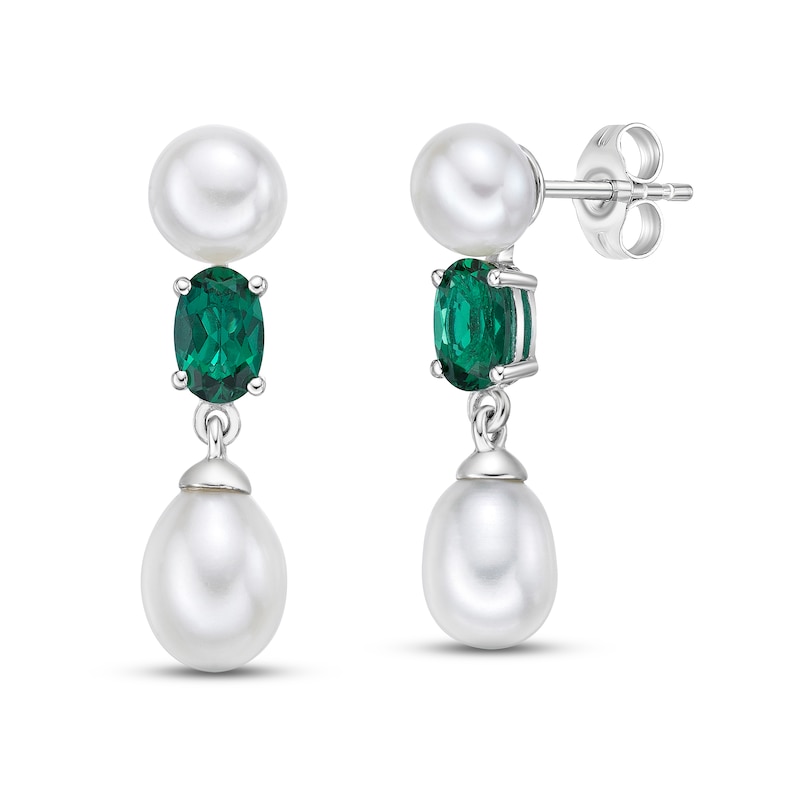 Main Image 1 of Cultured Pearl & Lab-Created Emerald Dangle Earrings Sterling Silver