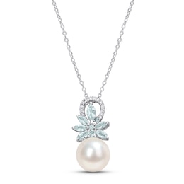 Cultured Pearl, Aquamarine & Diamond Necklace 1/15 ct tw Round-cut Sterling Silver 18&quot;