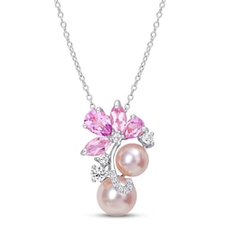 Pink Cultured Pearl, Pink & White Lab-Created Sapphire Necklace Sterling Silver 18&quot;