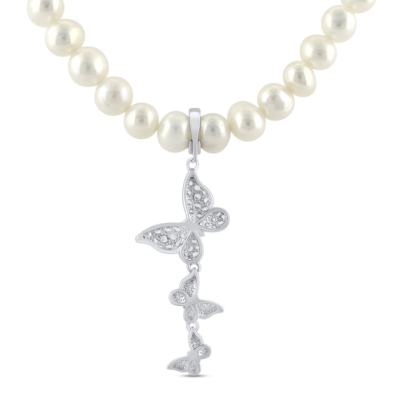 Main Image 3 of Cultured Pearl & White Lab-Created Sapphire Butterfly Necklace Sterling Silver 17&quot;