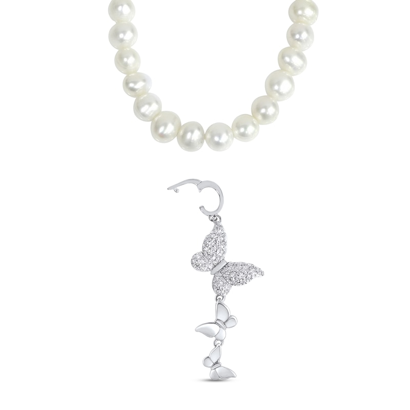 Main Image 4 of Cultured Pearl & White Lab-Created Sapphire Butterfly Necklace Sterling Silver 17&quot;