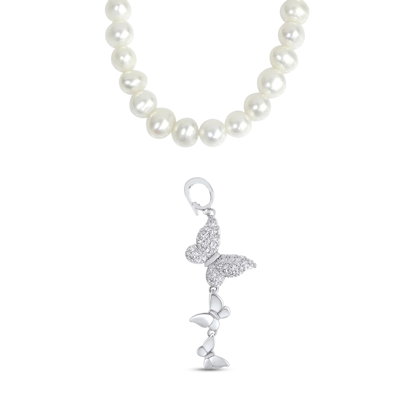 Main Image 5 of Cultured Pearl & White Lab-Created Sapphire Butterfly Necklace Sterling Silver 17&quot;