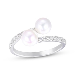Cultured Pearl & White Lab-Created Sapphire Bypass Ring Sterling Silver