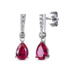 Pear-Shaped Lab-Created Ruby & Round-Cut White Lab-Created Sapphire Drop Earrings Sterling Silver