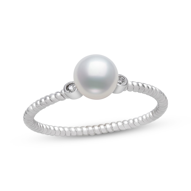 Main Image 1 of Cultured Pearl & Round-Cut White Lab-Created Sapphire Ring Sterling Silver - Size 7