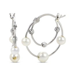 Cultured Pearl & Diamond-Cut Bead Double Hoop Earrings Sterling Silver