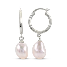 Baroque Cultured Pearl Dangle Hoop Earrings Sterling Silver