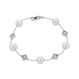 Cultured Pearl Diamond-Cut Station Bracelet Sterling Silver 7.5&quot;