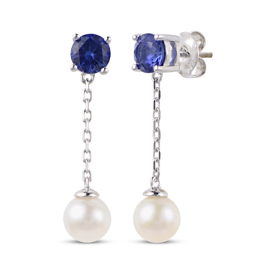 Cultured Pearl & Blue Lab-Created Sapphire Chain Drop Earrings Sterling Silver