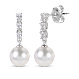 Pear-Shaped White Lab-Created Sapphire & Cultured Pearl Drop Earrings Sterling Silver