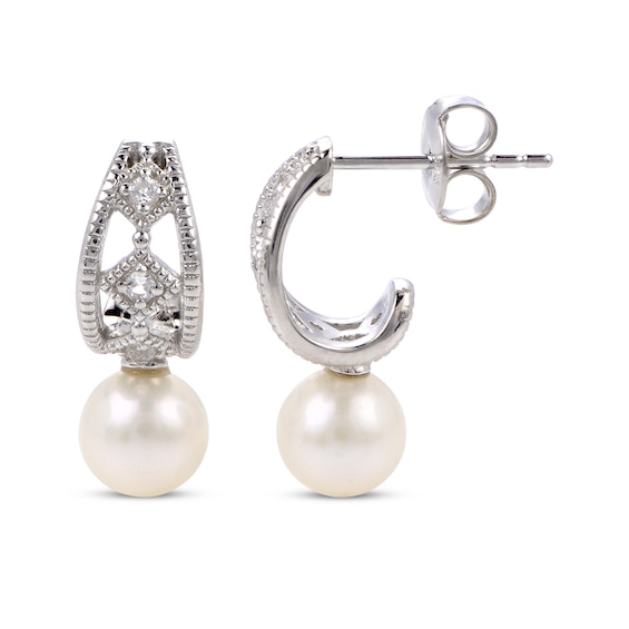 Cultured Pearl & White Lab-Created Sapphire Vintage-Inspired Drop Earrings Sterling Silver