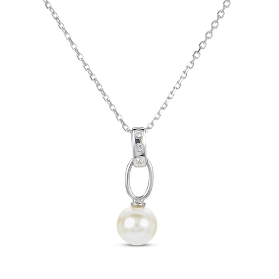 Cultured Pearl & White Lab-Created Sapphire Drop Necklace Sterling Silver 18"
