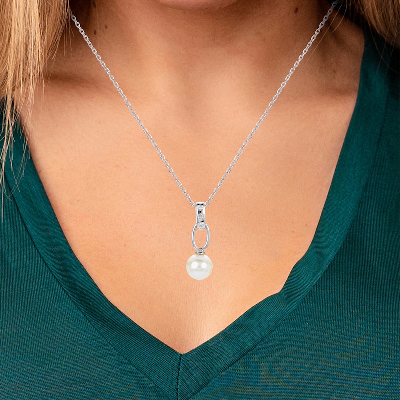 Main Image 3 of Cultured Pearl & White Lab-Created Sapphire Drop Necklace Sterling Silver 18&quot;