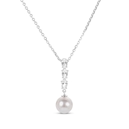 Pear-Shaped White Lab-Created Sapphire & Cultured Pearl Drop Necklace Sterling Silver 18"