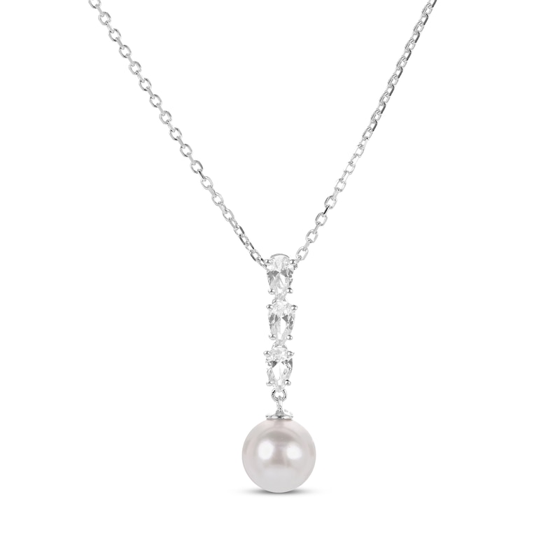 Main Image 1 of Pear-Shaped White Lab-Created Sapphire & Cultured Pearl Drop Necklace Sterling Silver 18&quot;