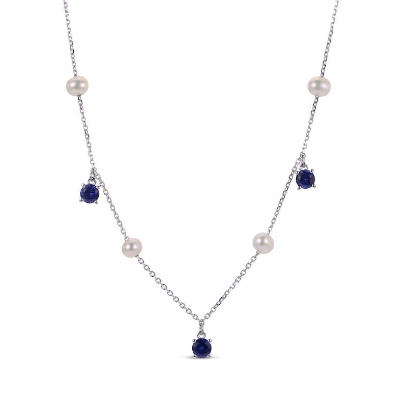 Main Image 1 of Cultured Pearl & Blue Lab-Created Sapphire Station Dangle Necklace Sterling Silver 18&quot;