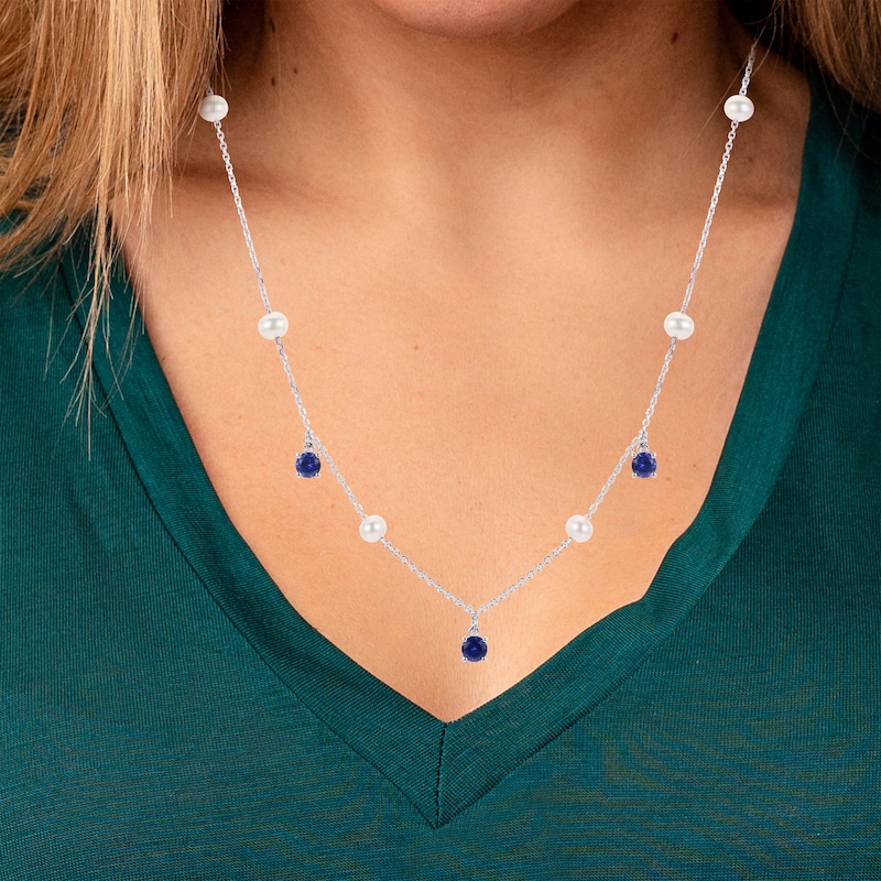 Main Image 3 of Cultured Pearl & Blue Lab-Created Sapphire Station Dangle Necklace Sterling Silver 18&quot;