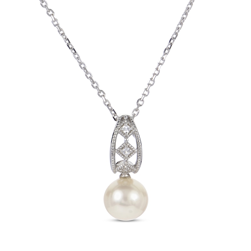 Main Image 1 of Cultured Pearl & White Lab-Created Sapphire Vintage-Inspired Necklace Sterling Silver 18&quot;