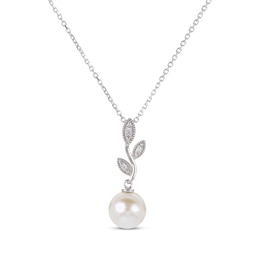 Cultured Pearl & White Lab-Created Sapphire Vine Drop Necklace Sterling Silver 18"