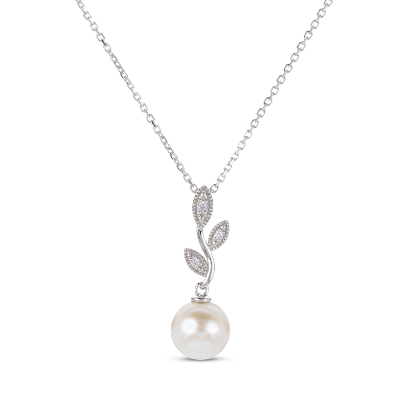 Main Image 1 of Cultured Pearl & White Lab-Created Sapphire Vine Drop Necklace Sterling Silver 18&quot;