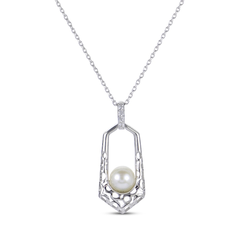 Main Image 1 of Cultured Pearl & White Lab-Created Sapphire Geometric Necklace Sterling Silver 18&quot;