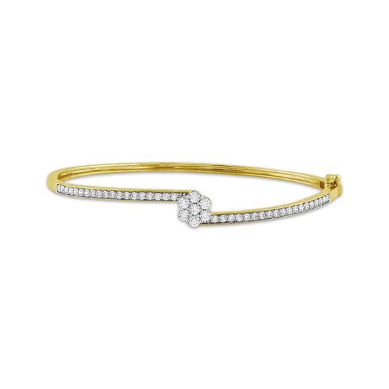 Diamond Flower Bypass Bangle Bracelet 1 ct tw 10K Yellow Gold